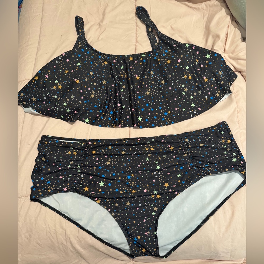 Rosegal Black Star Print Two-Piece Swim Set